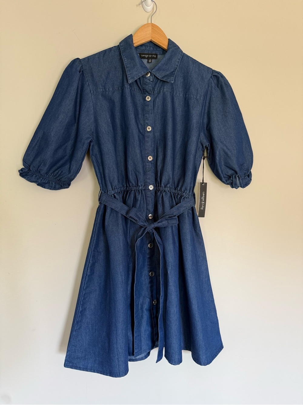 NEW Larsyn & Lily Dark Wash Denim Shirt Dress Button Front Short Puff Sleeves S